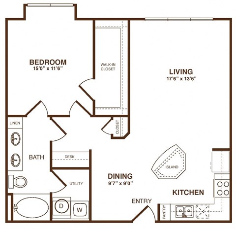 Floor plan for 1 bed, 1 bath, 875 sqft